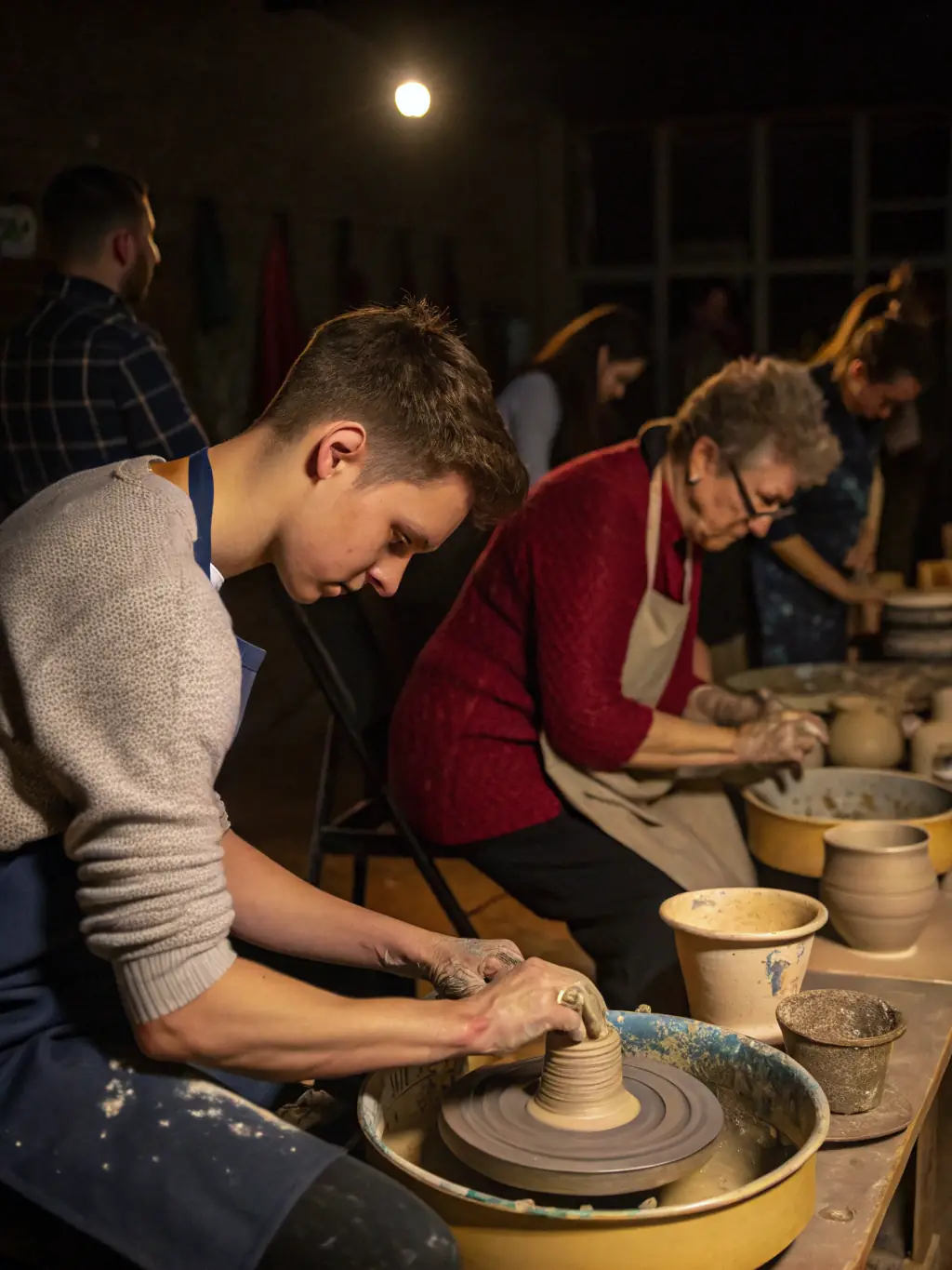 A group of children and adults engaged in a pottery workshop, highlighting the creative and educational aspects of the activity.